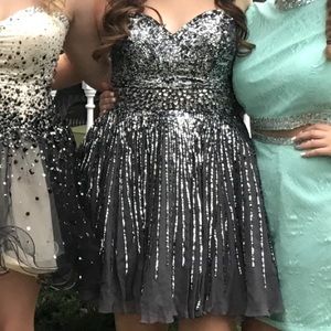 Sherri Hill Beaded short strapless dress, grey with silver sequence